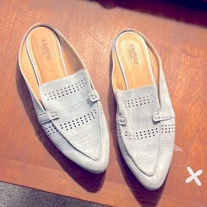 Light blue suede backless loafers